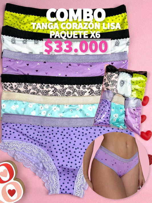 Kit de tangas paquete x 6 corazon lisa
